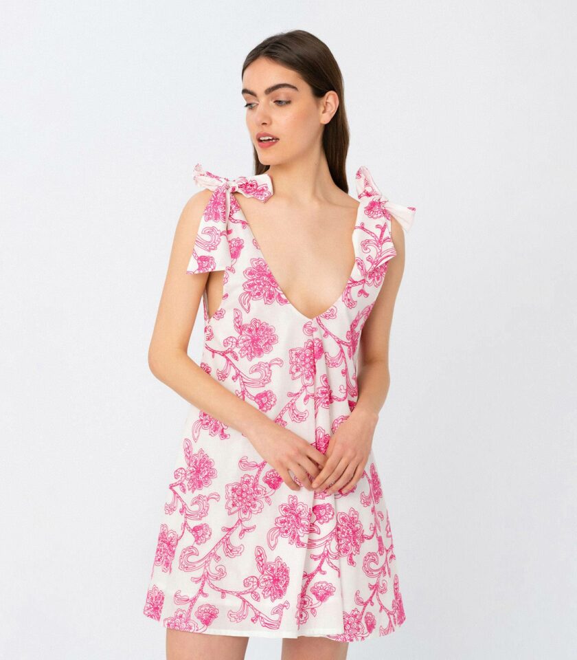Pink Floral Embroidered Low Back Mini Dress / Εξώπλατο Μίνι Φόρεμα Με Ροζ Κέντημα - Elizabeth LaGre