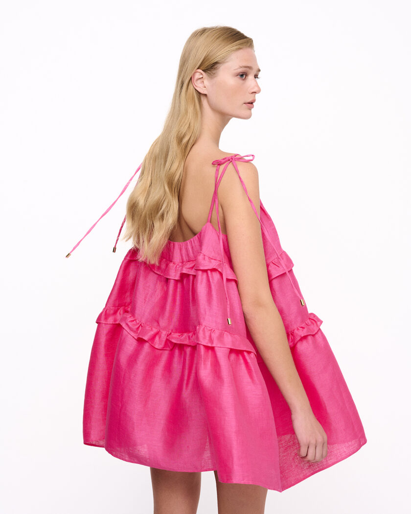 Fuchsia 3 Tier Ruffled Linen Mini Dress / Φούξια Λινό Μίνι Φόρεμα Με Βολάν - Elizabeth LaGre