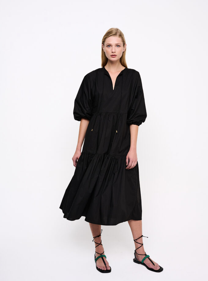 Black Puff Sleeve Midi Dress / Μαύρο Μίντι Φόρεμα Με Φουσκωτό Μανίκι - Elizabeth LaGre