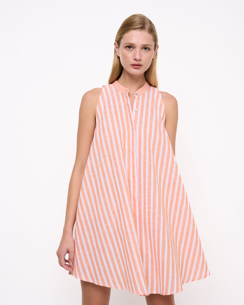 Peach Striped Sleeveless Mini A-Line Dress / Βερικοκί Ριγέ Αμάνικο Μίνι Φόρεμα Σε Α - Γραμμή - Elizabeth LaGre